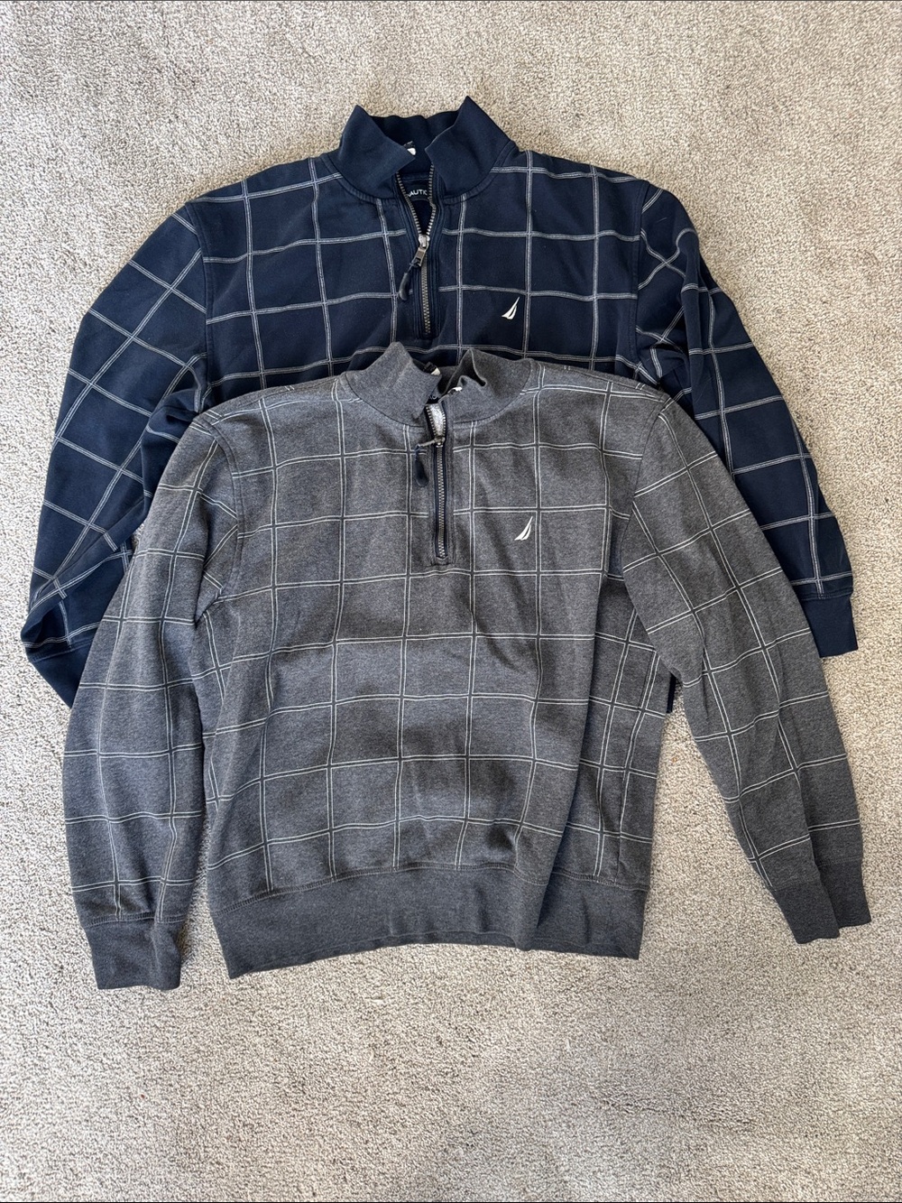 Nautica Men's Navy and Gray Windowpane Quarter-Zip Sweaters